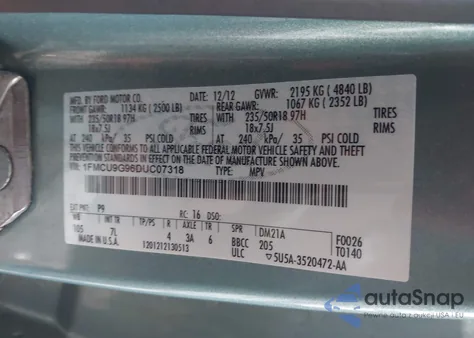 2013 Ford Escape Se from USA, damaged, VIN 1FMCU9G96DUC07318